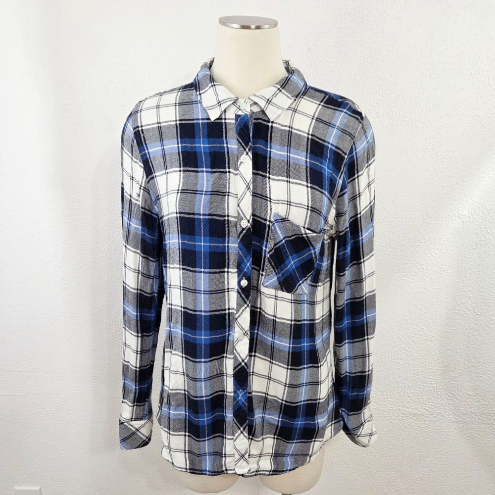 RAILS Hunter Plaid flannel shirt white black sapphire blue women's size large L